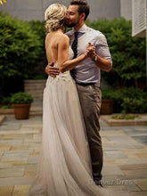 A-Line/Princess V-neck Sweep Train Tulle Wedding Dresses With Appliques Lace